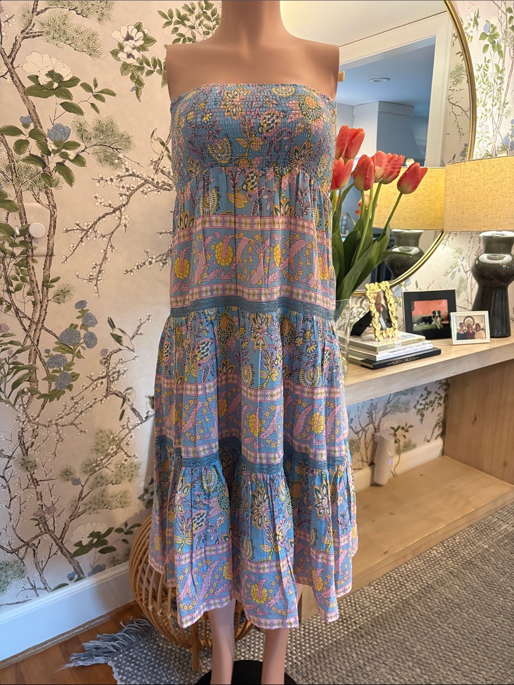 Smocked Strapless Tiered Midi Dress in Light Blue Paisley